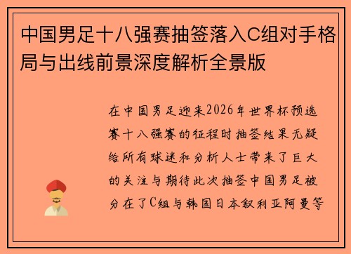 中国男足十八强赛抽签落入C组对手格局与出线前景深度解析全景版 中国男足十八强赛抽签落入C组对手格局与出线前景深度解析全景版