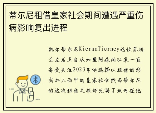 蒂尔尼租借皇家社会期间遭遇严重伤病影响复出进程 蒂尔尼租借皇家社会期间遭遇严重伤病影响复出进程